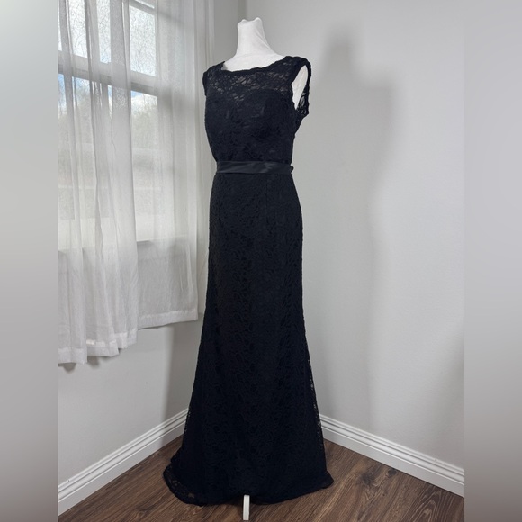 Morilee by Madeline Gardner Black Satin Tie Sash Cap Sleeve Deep V-Back Gown - Picture 5 of 13